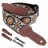 Nefelibata Banjo Strap, 2" Wide Full Grain Cowhide Guitar Strap Adjustable Replacement,Multi-pattern Guitar Strap With Headstock Rope and Leather Headband(Brown Flower Embroidery)