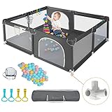COMOMY Baby Playpen, 160 x 200 cm, Large XXL Safety Playground Protective Gate for Children with Soft Net, Non-Slip Oxford Bottom (Grey)