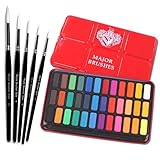 Major Brushes White Sable Round Brush Set of 5 Plus Artist Watercolour Paint Tin 36 Blocks Red Metal Lid