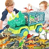 JKGIFTS Dinosaur Truck Toy for Kids 3-5 Years Old, Triceratops Transport Car Carrier Truck with 15 Dino Figures Activity Play Mat Egg and Trees Dinosaur Escape Play Set Boys Girls Easter Birthday