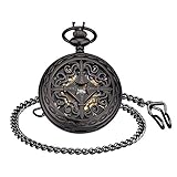 Unendlich U Infinite U Pocket Watch with Chain for Men Women, Vintage Pattern Engraving Hollow Mechanical Pocket Fob Watch with Roman Numeral Black dial, Black Stainless Steel case