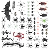 AYNKH 54Pcs Halloween Plastic Bugs, Prank Toys, Plastic Spiders, Fake Spiders, Realistic Fake Geckoes Scorpions Bats Centipedes Roaches Rats for Halloween Decorations