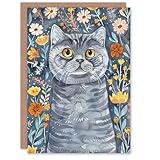 Artery8 Greeting Card Cute Blue British Shorthair Cat Lover Floral Pet For Her Woman Birthday Card