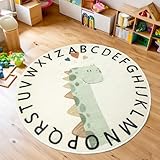 Tapis Design Cartoon Dinosaur Rugs, Soft Cute Childrens Rug Low Pile Nursery Rug Boys Girls Bedroom Rug Non-slip Washable Kids Carpets for Playroom, Round Rug 80cm, Beige and Duck Egg Blue