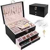 Jewellery Box, Jewellery Organiser with 2 Drawers, 3 Layers Leather Jewellery Storage Box with Lock, Jewellery Storage Case for Necklaces Earrings Bracelets and Rings, Black