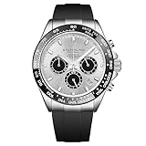 Stuhrling Aquamaster Quartz Chronograph Watch Silver Dial Screw Down Crown Luminous Hands, Ceramic Bezel, Black Rubber Band for Men 42mm Case Date Water Resistance (Silver)