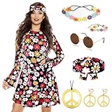 8PCS 70s Fancy Dress Women Set, 70s Hippie Dress Costumes Necklace Earrings Sunglass Women Disco Outfit, 60s Party Costume, Womens Hippie Costume for Carnival Cosplay Party