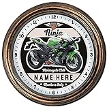 KRAFTYGIFTS Personalised Motorcycle Wall Clock Kawasaki Ninja British Motorbike Classic Round Hanging Glass Front Clock Biker Gift MBC23
