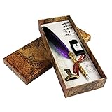 Jerbro Antique Calligraphy Quill Pen and Ink Set With Feather, Dip Holder - Handcrafted Writing Gift Set in Purple