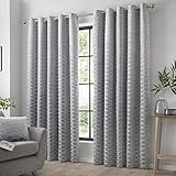 Curtina Silver Geometric Jacquard Curtains W66 x L90 – Eyelet – Thermal Blackout Drapes – 2 Panels – Silver Leaf Window Treatment for Bedroom & Living Room