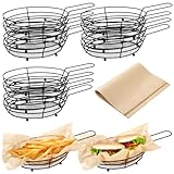 Baskets French Fries 12 Pcs, Black Serving Iron with Handles, Food Presentation Trays Oval Mesh, 50 Deli Papers, Food Bowls Fried, Small Fryer Holders for Kitchen, BBQ, Parties