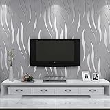 Snewvie Grey Wallpaper Wave Stripes 3D Embossed Silver Glitter Wall Paper Non-Woven Roll Feature Modern Geometric Patterned Taupe Wallpaper for Livingroom Bedroom Hallway