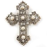 Large Victorian Filigree Imitation Pearl Crystal Cross Brooch (Antique Gold)