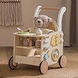 ROBOTIME Baby Walker, Wooden Pram Toy, Push Along Walker Pushchair, Educational Toy Gift for Boys Girls, Safe First Step Walker with Under-Seat Storage for Age 10 Months+