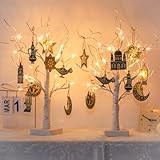 Eambrite Set of 2 White Twig Tree Ramadan Tree Decorations Lights, Eid Tree with 24 LEDs Battery/USB Operated, Mubarak Ramadan Decorations for Home Table Party (22", Timer)