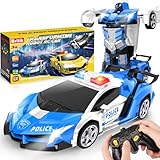 Britik Toys for Kids 3-8 Year Old: Transforming Remote Control Police Car Toys Gifts for Boys Age 3 4 5 6 7 8 Birthday Presents Toy for Toddler Transformable 2 in 1 Robot RC Car Toy-Blue