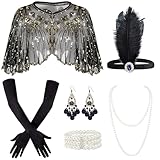 Amlisia 1920s Flapper Accessories for Women, Great Gatsby Accessories for Women Roaring 20s Accessories 1920 Accessories Women with Sequin Flapper Shawl 1920s Headpiece Pearl Bracelet Necklace