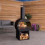 CHARLES BENTLEY 129cm Outdoor, Garden, Patio, Black Powder Coated Steel Modern Patio Heater, Chimenea, Wood And Charcoal Burner, With Poker, Log Storage, Contemporary Design, In Black (129x55x40cm)