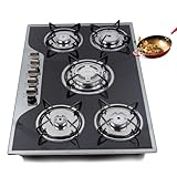 Gas Cooker, 5 Burners Built In Gas Hob, Black Tempered Glass Hob Cooktop, Stainless Steel Glass Top Kitchen Stoves Cooker Gas Burners 5 Ring Campervan Cooktops Gas Cookers, NG/LPG Convertible