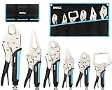 Shall 6-Piece Locking Pliers Set - 5", 7" & 10" Curved Jaw, 6-1/2" & 9-1/2" Long Nose, 6" C-Clamp - Two-Color TPR Handle, Roll Up Pouch Included
