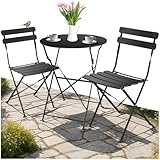 TecTake® Bistro Set with 1 Garden Table & 2 Chairs, Foldable Design with Stylish Slats, Steel Frame, Floor-Protective & Non-Slip Feet, No Assembly - Garden Furniture for Patio & Balcony - Black