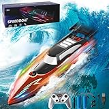 Zhwidnerso Remote Control Boat with LED Light, RC Boat Low Battery Alarm(Rechargeable), 2.4GHz RC Speed Boats Self-Righting 9.3MPH, 30 Mins, 2 Battery for Kids/Adults, Boys, for Pools/Lakes