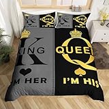 Manfei King and Queen Duvet Cover Set King Size, Her and His Crown Bedding Set for Lover Couple Room Decor, Grey Black Gold Comforter Cover, Lightweight Bedspread Cover, 2 Pillowcases, No Comforter