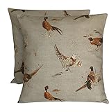 CUSHIONS2U 2 x 16" x 16" (40cm x 40cm) Pack Of Two Fryetts Pheasants Natural Linen Brown Orange Cream Cushion Covers