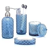 LaMarriti Blue Bathroom Accessories Set, 4Pcs Clear Glass Bathroom Accessory Set Complete, Lotion Soap Dispenser, Toothbrush Holder Set, Soap Dish, Qtip Holder for Modern Bath Decor, Light Blue