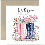 Cute Wedding Day Card for Mr and Mrs - Country Wellington Boots Wedding Card for Couple - Family and Friends Wedding Gift - Congratulations Wedding Card for Bride Groom | Blank Inside