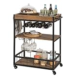 SoBuy® FKW56-N, Industrial Vintage Style Wood Metal 3 Tiers Kitchen Serving Trolley with Wine Rack