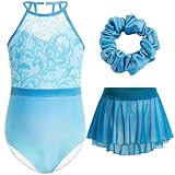 Gogokids Girls 3 PCS Halter Gymnastics Set, Kids Gymnastics Leotard with Rhinestone & Mesh Floral Design, Sparkling Ballet Unitards Includes Leotard, Chiffon Skirt & Hair Tie Gymnastics Gifts for 5-6