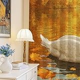 Swans Blackout Curtains, Nature Seasonal Autumn Leaves Water Fall Orange Machine Washable Pattern Printed Window Curtains for Living Room Kitchen Decor 52x84 Inch