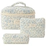 CHAMAIR 3Pcs Coquette Makeup Bag - Quilted Cosmetic Bag Large Make Up Bag Set Aesthetic Floral Toiletry Bag Cotton Travel Skincare Bag for Women Ladies Girls (Style B1)