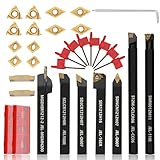 Indexable Lathe Turning Tool 21Pcs Kit 1/2'' 12mm Shank 7 Pcs Metal Lathe Tool Holder Set with 14 Pcs Turning Inserts for Turning Grooving Threading Boring Carbide Inserts Carbide Turning Tool