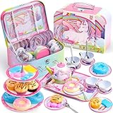 JOYIN Tea Set Toys for Girls 35Pcs Unicorn Tea Party Set for toddlers Tin Teapot Set Princess Tea Time Kitchen Pretend and Play Toys for children Age 3 4 5 6 Year Old Birthday Gifts