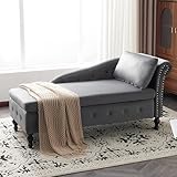 TZCIN Velvet Chaise Lounge Sofa with Storage, Upholstered Ergonomic Chaise Longue Couch with Pillow&Right Armrest, Modern Nailhead-Trim&Button-tufted Hydraulic Loungers Living Room Bedroom Office