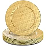 Lyellfe Set of 12 Gold Charger Plates, 13 Inch Decorative Chargers for Dinner Plates, Plastic Round Charger Service Plates for Wedding, Party, Anniversary, Diamond Pattern