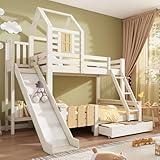 Miyemo Bunk Bed for Kids, Wooden Cabin Bed with Ladder & Slide, Children's House Beds with Storage Drawers, Twin Sleeper 90+135x190cm, No Box Spring Needed, Easy Assembly, White, (No Mattress)