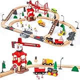 86pcs Wooden Train Set with Crane, Wooden Train Track Set Railway Kits Fits Thomas Brio IKEA Melissa and Doug, Christmas Train Toys for Kids & Toddlers 3-5 Years Old Boys and Girls