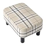 IBUYKE 42CM Small Footstool, Linen Fabric Pouf, with Padded Seat Pine Wood Legs Rectangular Stool, Small Under Desk Footrest, Pet Steps Dog Stairs for High Beds and sofa, Stripes RF-BD215