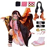 Nhorrobat Full Set Anime Halloween Costume For Womens Party Role Cosplay Cloak Kimono Outfit W/Slippers Wig, Pink, Small