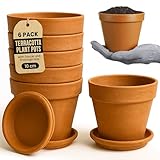 Green Thumbz Terracotta Plant Pots - 10cm x 6 Pack Large Terracotta Pots with Saucer and Drainage Hole - Flower Pots Outdoor or Indoor Use - Brown Clay Pot with Tray