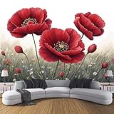 JSCWDET Realistic Floral Theme Wallpaper Mural, 3D Field Poppy Pattern Photo Wallpaper,250×175 cm Silk Cloth Wall Art Roll Wallpapers for Wall Covering,Red
