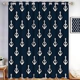 MLSOWM Small Anchor Icon Blackout Curtains W 46" x L 54" 2 Panels Seaside Charm Eyelet Darkening Curtain Thermal Insulated Window Treatment for Living Room Bedroom Nursery, Dark Blue