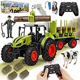 BuzzoXerex RC Tractor with Trailer and Light, 1:16 Scale, 2.4 GHz, Includes Tree Trunks, Cow, Hay Bales - Gift for Kids 3-6 Years