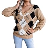 acsefire Women Preppy Argyle Plaid Sweater Casual Long Sleeve V-Neck Kintted Jumper Sweater Kintwear Khaki