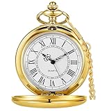 Tiong Vintage Gold Pocket Watch with Chain Smooth Steel Quartz Roman Numeral Men Quartz Pocket Watches