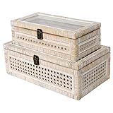 DECOR4SEASON Rattan and Cane Stacking Boxes with Glass Top Lid - Set of 2 11.8" and 14.1", for Boho and Rustic Farmhouse Decor, White Wash