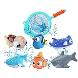 Finding Nemo Toys, 7Pcs Bath Toys for Baby Shower Toddler Cute Floating Sea Animals with Fishing Net Bath Water Squirt Fish Toy Gift for Age 3+ Boy Girl Bathtub Swimming Pool